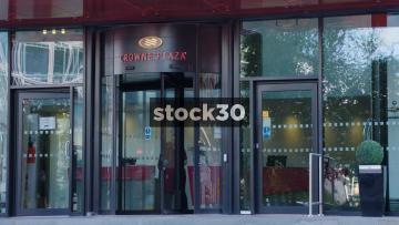 The Crowne Plaza Hotel On Shudehill In Manchester. Close Up On Entrance Followed By Sign, UK