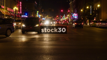 Traffic In Downtown Nashville, Tennessee At Night, USA