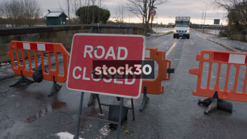 Road Closed Due To River Mersey Flooding, 3 Shots, Flixton, Manchester, UK