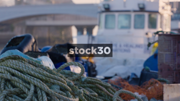 Focus Pull From Ropes To Fishing Boat At Conwy Quay, UK